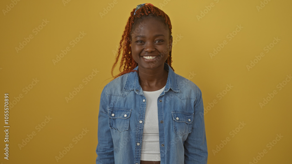 Fototapeta premium Smiling young african woman in denim jacket over isolated yellow background