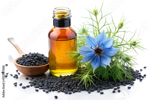 Nigella sativa, flower with essential oil, on white background