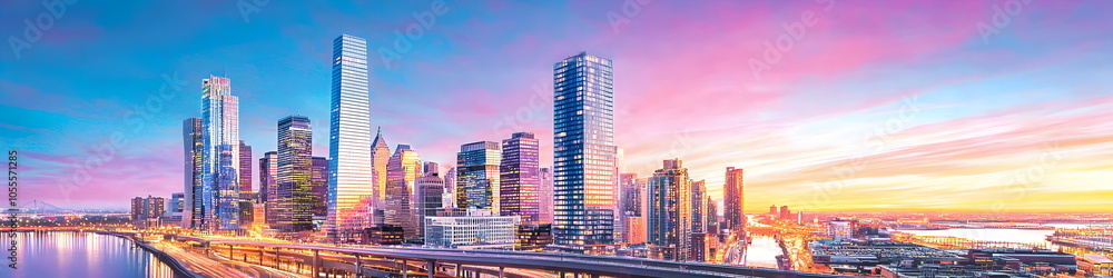 Fototapeta premium A city skyline with a river running through it