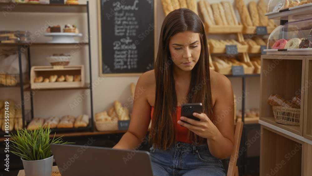 Hispanic woman using smartphone in a bakery while sitting indoors with shelves of bread and pastries in the background. Hispanic woman using smartphone in a bakery while sitting indoors with shelves of bread and pastries in the background.