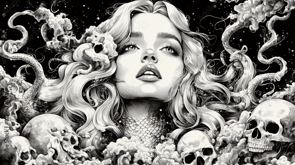Fototapeta premium Artistic expression of a body positive mermaid with skull elements in engraved style