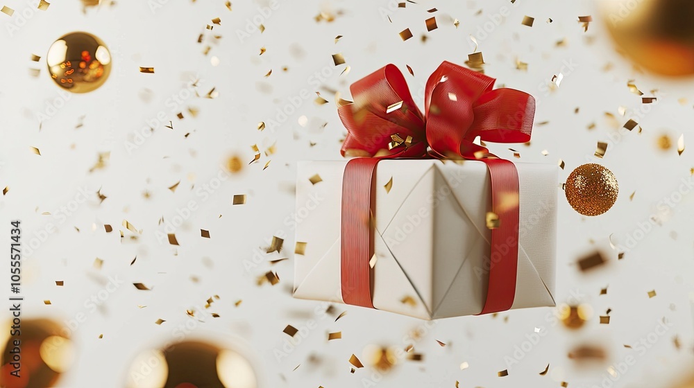 Stock photo of a beautifully wrapped Christmas gift box in white paper with a large, vibrant red ribbon tied in a perfect bow. The gift is suspended in mid-air, Generative ai