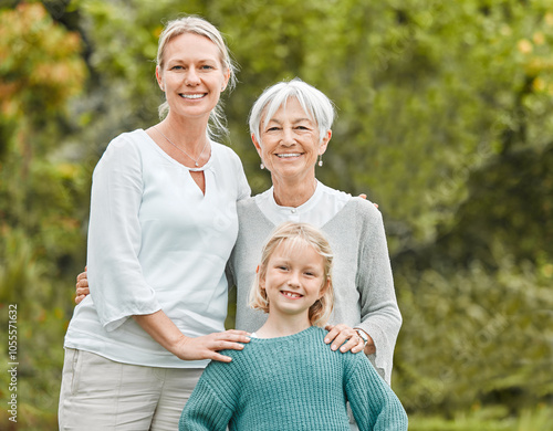 Portrait, mom and girl in park with grandmother, smile and trust in nature and happy family together. Women, grandma or parent in Australia with love, care or female kid on outdoor holiday vacation