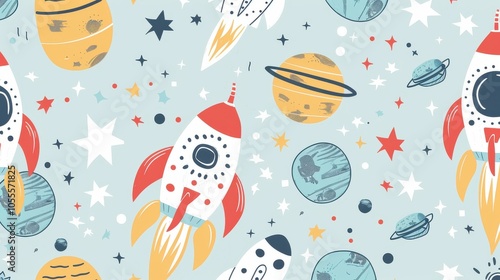 Seamless pattern with rockets, planets and stars. illustration.