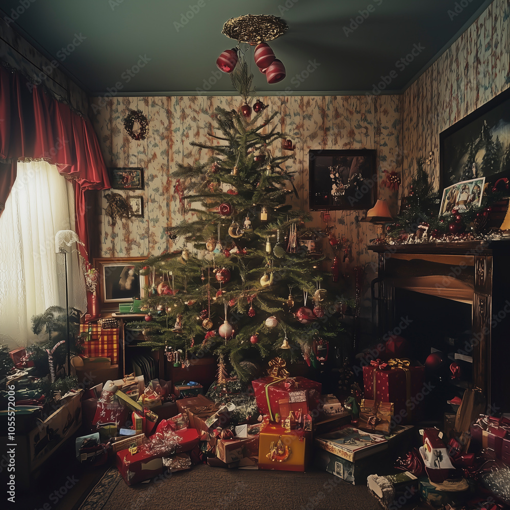 Christmas tree in a living room plenty of gifts Christmas tree in a living room plenty of gifts
