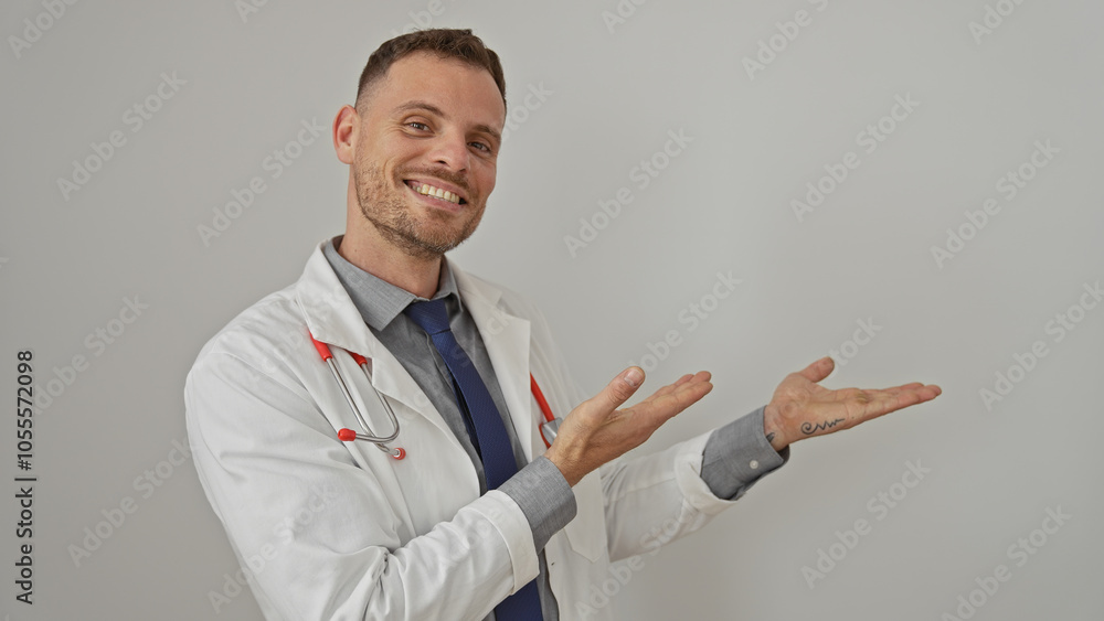 Smiling doctor with beard presents something with open hands against a white background. Smiling doctor with beard presents something with open hands against a white background.