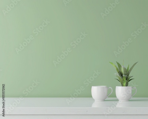 Minimalist white table with two white cups and a potted plant against a green wall. providing a clean and simple background for product displays or text