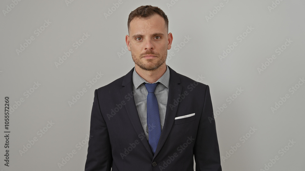 Handsome man in suit posing against a white background looking serious and professional. Handsome man in suit posing against a white background looking serious and professional.