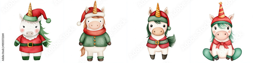 Adorable festive unicorn characters dressed in holiday attire, showcasing playful designs with hats and scarves. Adorable festive unicorn characters dressed in holiday attire, showcasing playful designs with hats and scarves.