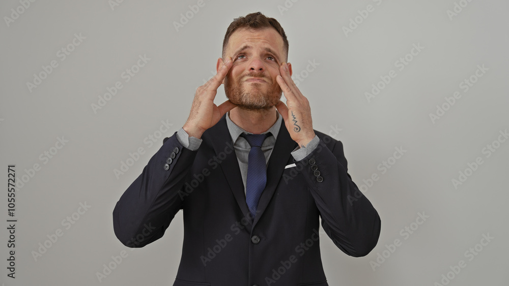 Handsome man in suit touching face with a pensive expression against a white background. Handsome man in suit touching face with a pensive expression against a white background.