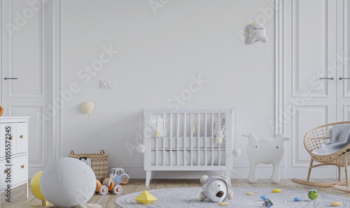 A minimalist nursery with a white crib. a rocking chair. and toys scattered on the floor