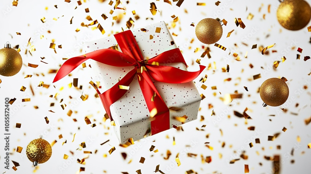 Stock photo of a beautifully wrapped Christmas gift box in white paper with a large, vibrant red ribbon tied in a perfect bow. The gift is suspended in mid-air, Generative ai Stock photo of a beautifully wrapped Christmas gift box in white paper with a large, vibrant red ribbon tied in a perfect bow. The gift is suspended in mid-air, Generative ai
