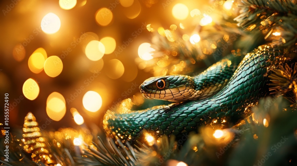 A striking green snake rests gracefully among the branches of a decorated Christmas tree, with glowing golden lights illuminating the festive atmosphere. A striking green snake rests gracefully among the branches of a decorated Christmas tree, with glowing golden lights illuminating the festive atmosphere.