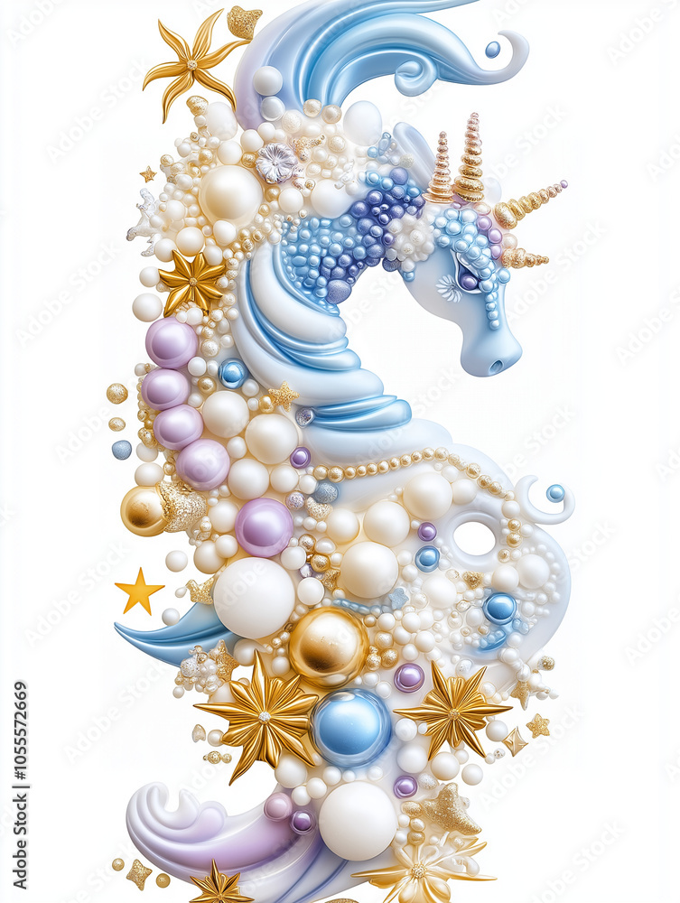 A majestic unicorn amidst shimmering pearls and golden stars evokes wonder and magic in this enchanting art A majestic unicorn amidst shimmering pearls and golden stars evokes wonder and magic in this enchanting art