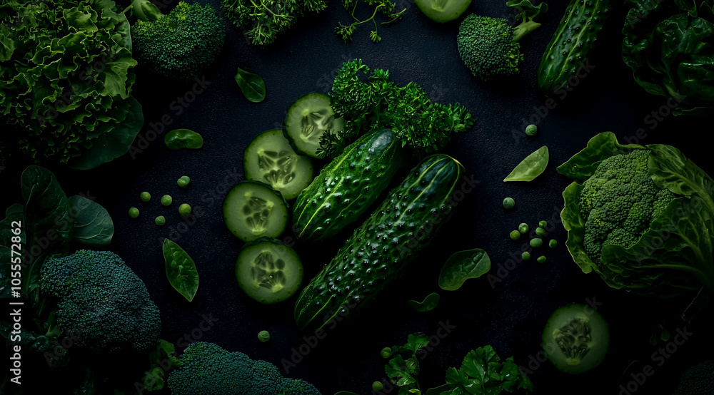 Fototapeta premium A vibrant display of green vegetables, including cucumbers and broccoli, arranged on a dark background.