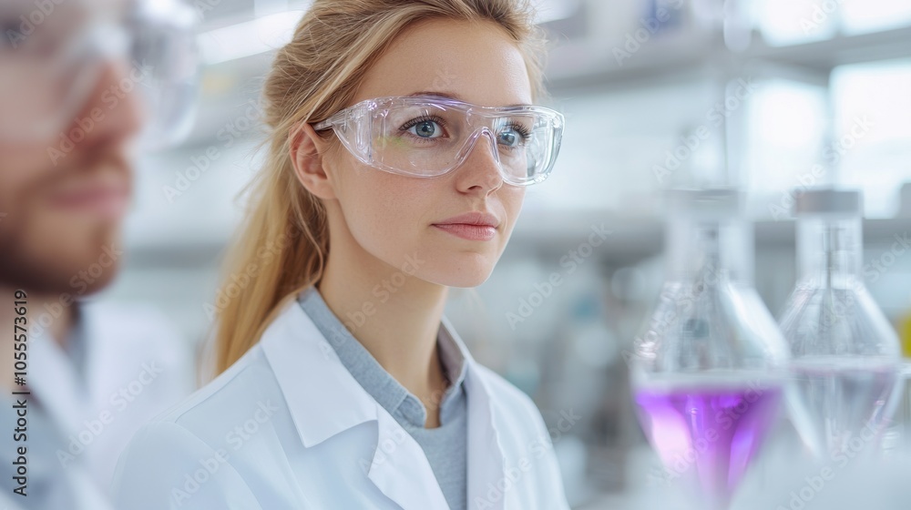 A focused scientist in a lab coat and goggles examines colorful liquids in glassware, showcasing a commitment to research and scientific inquiry. A focused scientist in a lab coat and goggles examines colorful liquids in glassware, showcasing a commitment to research and scientific inquiry.