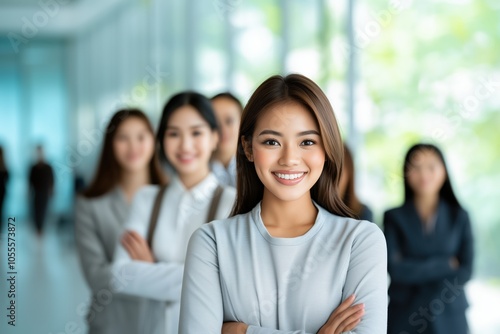 Confident young woman leading a diverse team in a bright office setting during the day