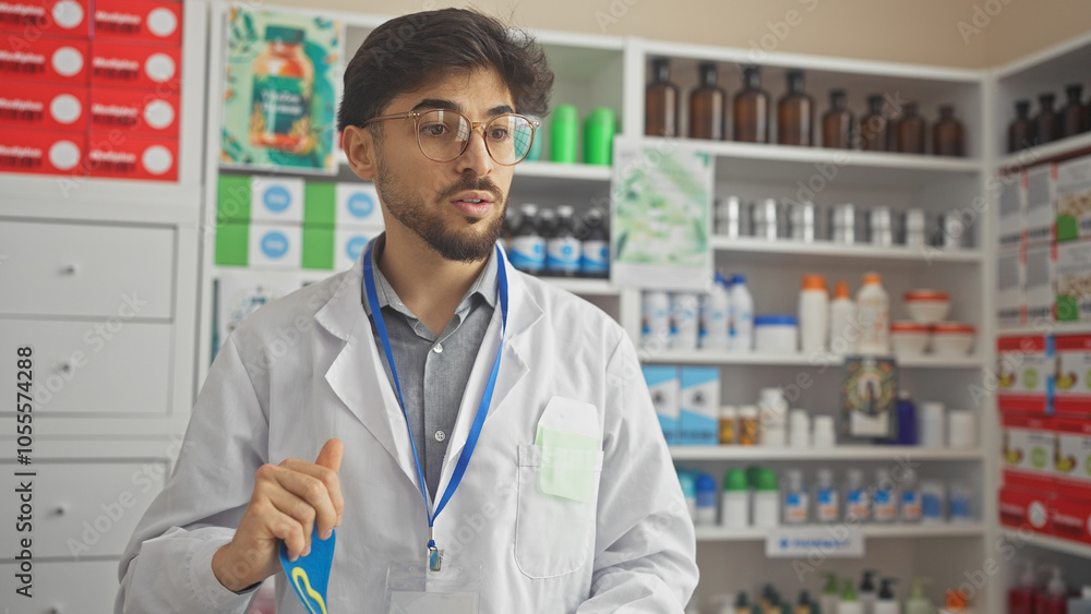 A young, bearded man working as a pharmacist in a well-stocked pharmacy. A young, bearded man working as a pharmacist in a well-stocked pharmacy.