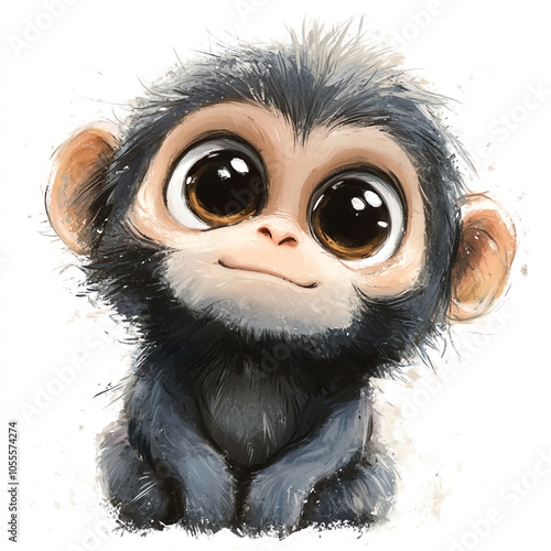 illustration watercolor style of cute monkey illustration with large expressive eyes on white background playful and innocent demeanor fluffy texture and charming smile, perfect for children playful