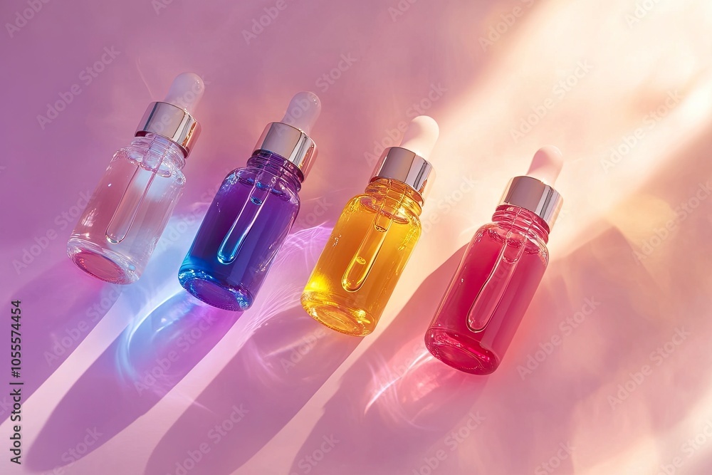 Top view of four glass serum dropper bottles with vibrant liquid colors on a soft pink surface, symbolizing skincare beauty routines.Generative ai Top view of four glass serum dropper bottles with vibrant liquid colors on a soft pink surface, symbolizing skincare beauty routines.Generative ai