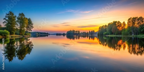 A serene lake with trees reflected in its calm surface at sunset, tranquility, tree line, sun setting, peaceful atmosphere, lake scenery