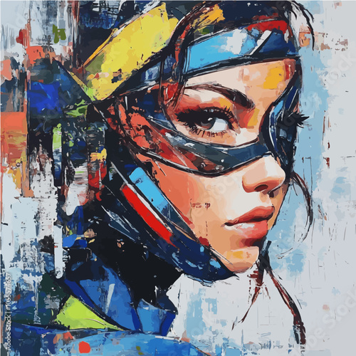Stylish depiction of a female hero in mask, combining street art textures and a dynamic pose. Perfect for character-focused designs and modern art.