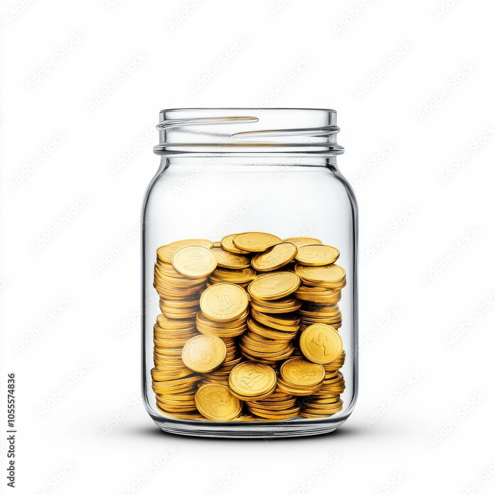Glass Jar Filled with Gold Coins on White Background Glass Jar Filled with Gold Coins on White Background