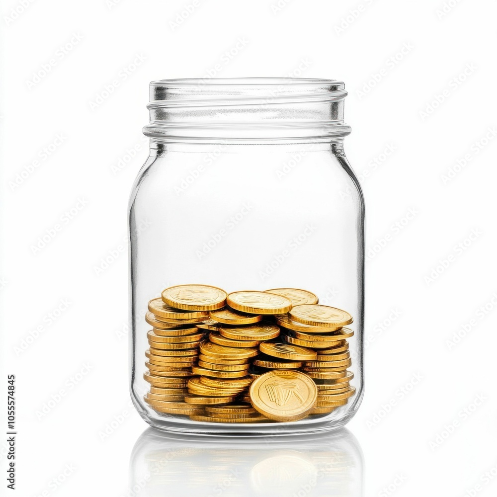 Glass Jar Filled with Gold Coins on White Background Glass Jar Filled with Gold Coins on White Background