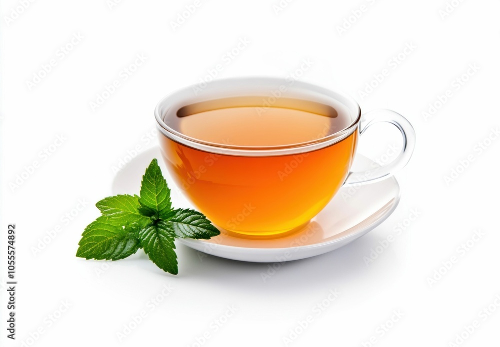Glass Cup of Herbal Tea with Fresh Mint Leaves on White Background Glass Cup of Herbal Tea with Fresh Mint Leaves on White Background