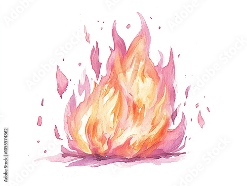 illustration watercolor style of vibrant pink flame dances against white background, showcasing blend of warm colors and dynamic shapes essence of fire with whimsical touch