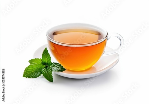 Glass Cup of Herbal Tea with Fresh Mint Leaves on White Background