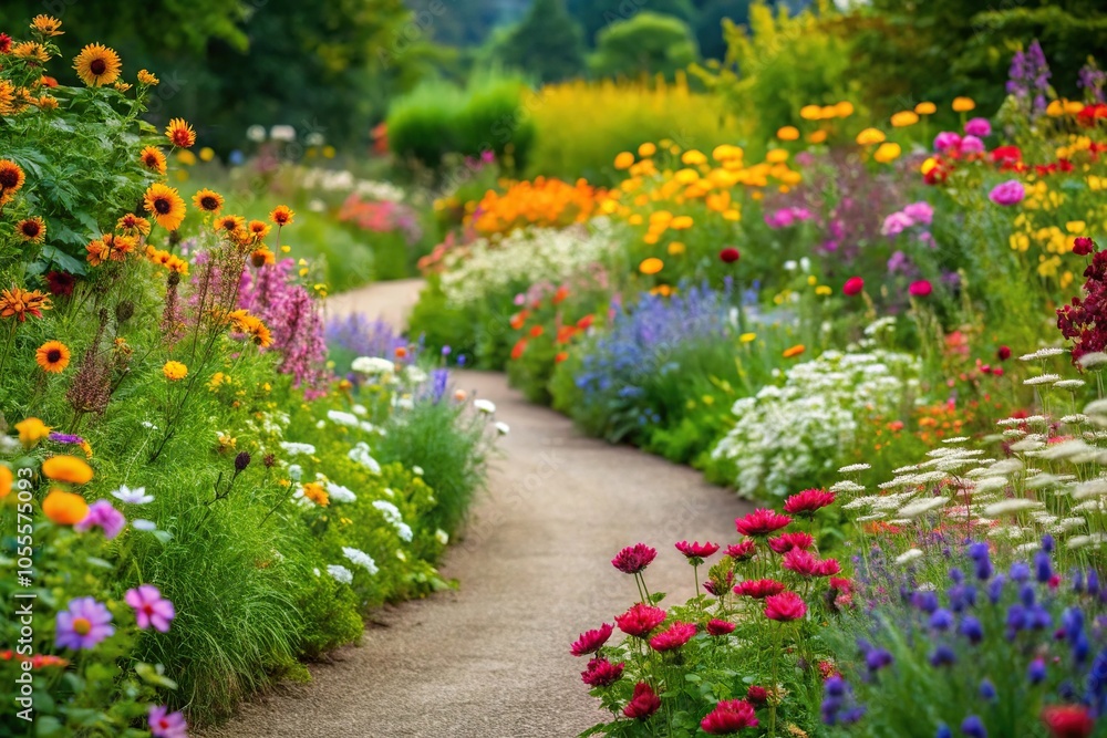 A winding path lined with vibrant wildflowers and greenery, forming a beautiful and natural flower border, outdoor decor ideas, winding paths, garden paths, flower borders, nature scenery A winding path lined with vibrant wildflowers and greenery, forming a beautiful and natural flower border, outdoor decor ideas, winding paths, garden paths, flower borders, nature scenery