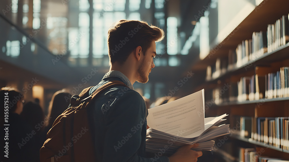 A young academic with a stack of research papers in hand explaining complex concepts to a group of students in a library study area filled with books and natural light A young academic with a stack of research papers in hand explaining complex concepts to a group of students in a library study area filled with books and natural light
