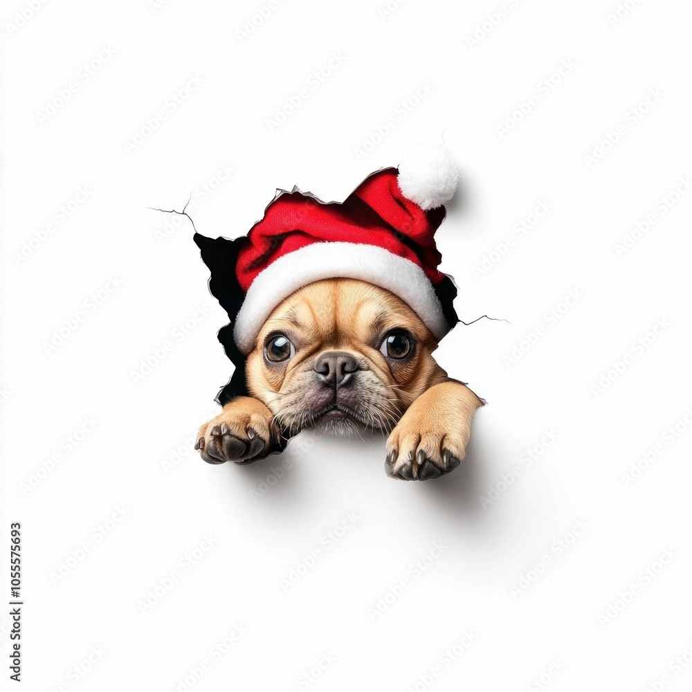 French Bulldog in Santa Hat Peeking Through Wall French Bulldog in Santa Hat Peeking Through Wall