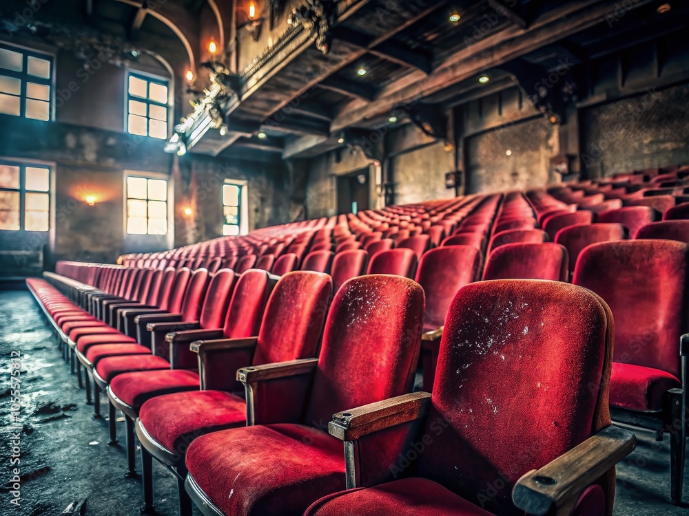 Fototapeta premium Vintage Red Chairs in an Empty Auditorium Awaiting an Event