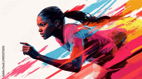 Dynamic illustration of a female athlete running with colorful brush strokes, symbolizing strength and motion.