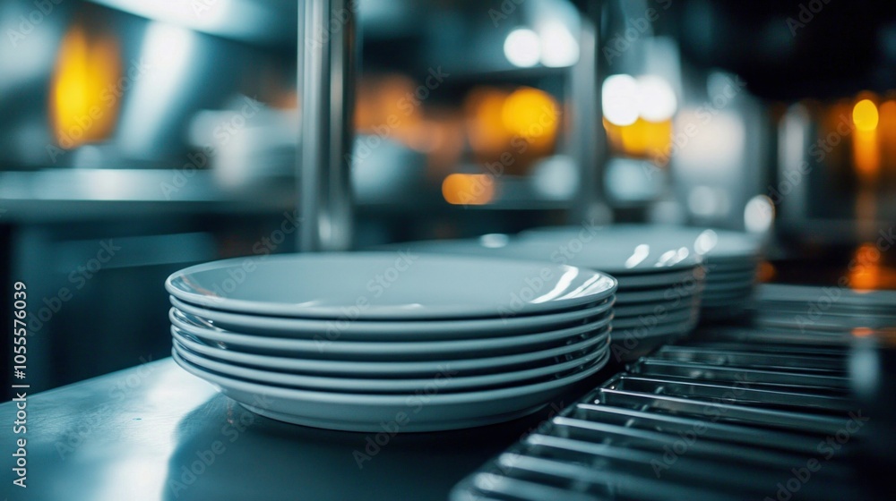 Stacked Plates in Restaurant Kitchen Stacked Plates in Restaurant Kitchen