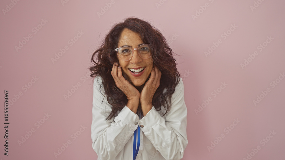 A joyful middle-aged brunette woman wearing glasses and a white blouse poses with excitement against a pink background. A joyful middle-aged brunette woman wearing glasses and a white blouse poses with excitement against a pink background.