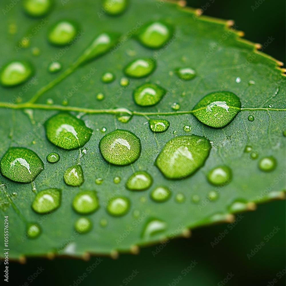 A high-definition macro photograph of crystal-clear water droplets delicately perched on the surface of a vibrant green leaf after a fresh rain. A high-definition macro photograph of crystal-clear water droplets delicately perched on the surface of a vibrant green leaf after a fresh rain.