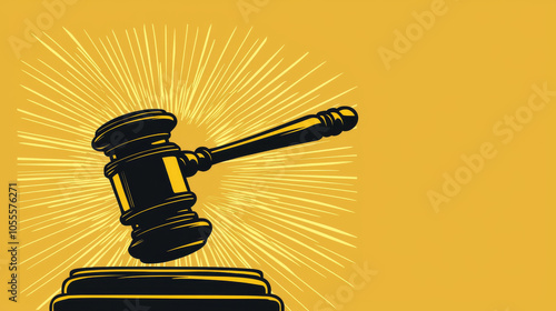 A monumental gavel symbolizes justice and authority, set against vibrant yellow background. striking design emphasizes importance of law and order in society