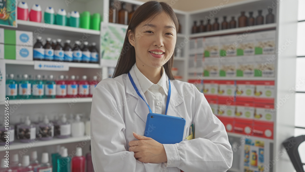 A confident asian woman pharmacist with a tablet inside a modern pharmacy A confident asian woman pharmacist with a tablet inside a modern pharmacy