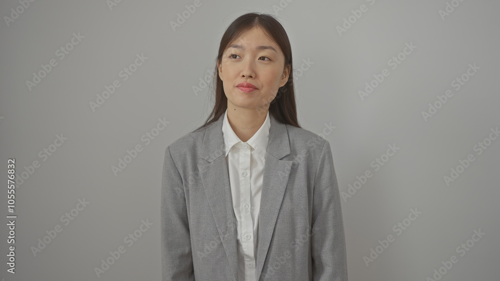 An adult chinese woman in professional attire stands against a white background, exuding a sense of confidence and poise. An adult chinese woman in professional attire stands against a white background, exuding a sense of confidence and poise.