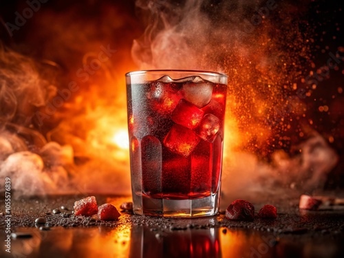 Vintage Style Closeup of a Misted Glass with Ice and Red Drink for Refreshing Beverage Photography