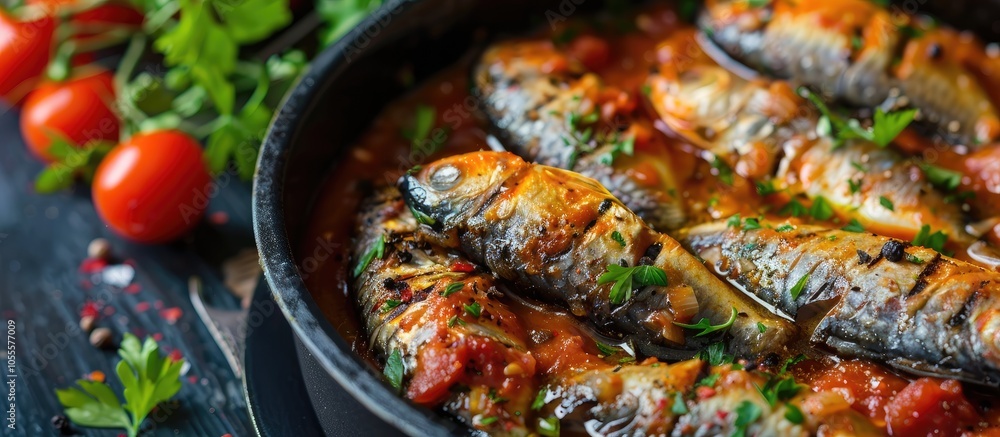 A savory meal option for lunch or dinner includes sardines simmered in a flavorful tomato sauce with a variety of spices ideal for a keto diet with a background of a copy space image A savory meal option for lunch or dinner includes sardines simmered in a flavorful tomato sauce with a variety of spices ideal for a keto diet with a background of a copy space image