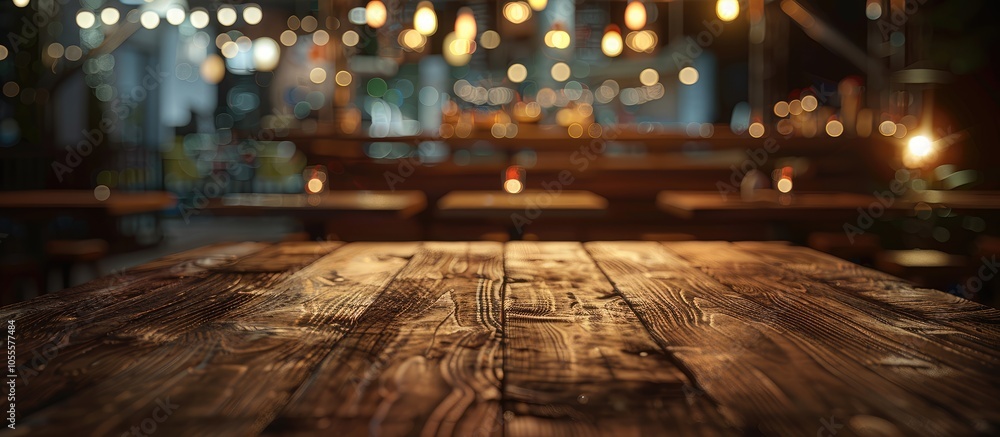 A suitable backdrop for showcasing food ads is a contemporary restaurant setting at night with an empty wooden table in focus providing a copy space image A suitable backdrop for showcasing food ads is a contemporary restaurant setting at night with an empty wooden table in focus providing a copy space image