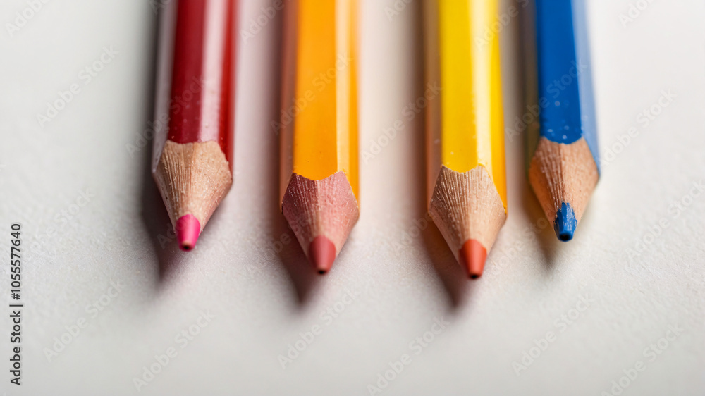 Four sharpened colored pencils aligned on a white background demonstrate both simplicity and vibrant creativity. Four sharpened colored pencils aligned on a white background demonstrate both simplicity and vibrant creativity.
