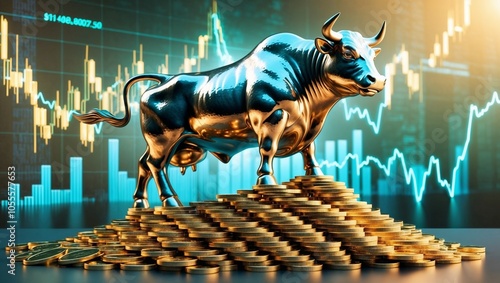 Shiny Silver Bull with Stock Market Background