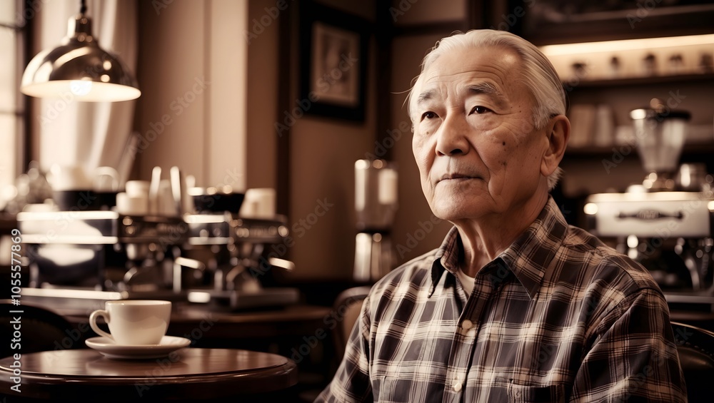 Thoughtful Elder in Plaid Shirt at Cafe Setting Thoughtful Elder in Plaid Shirt at Cafe Setting