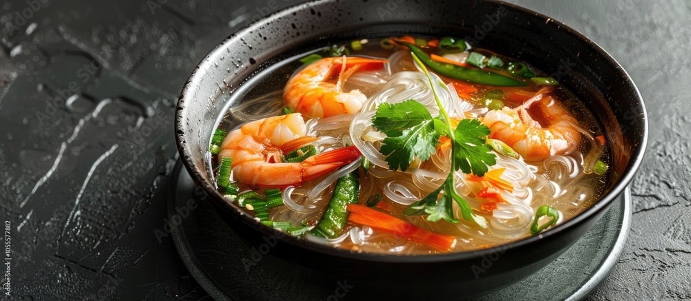 A bowl of Mala soup is garnished with glass noodles shrimp and vegetables creating an appetizing dish perfect for any menu with a beautiful copy space image A bowl of Mala soup is garnished with glass noodles shrimp and vegetables creating an appetizing dish perfect for any menu with a beautiful copy space image