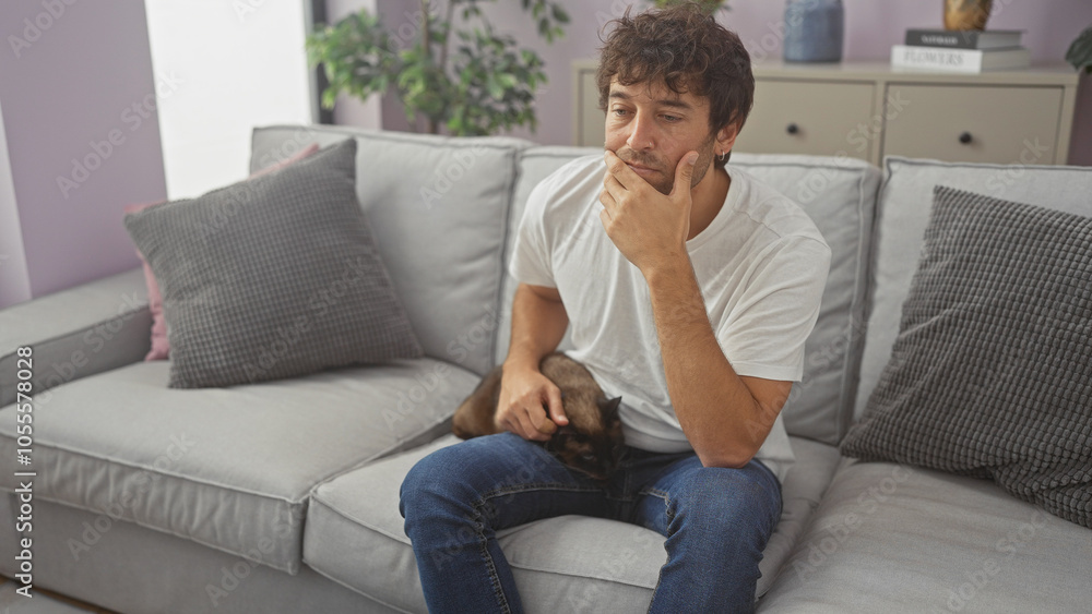 Hispanic man contemplating while petting a cat on a couch in an indoor setting Hispanic man contemplating while petting a cat on a couch in an indoor setting